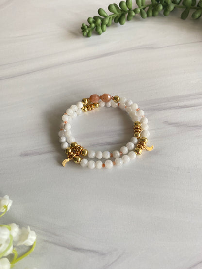 Moonstone X Sunstone Double Wrap Bracelet | Harmony Bracelet | Mala Beads