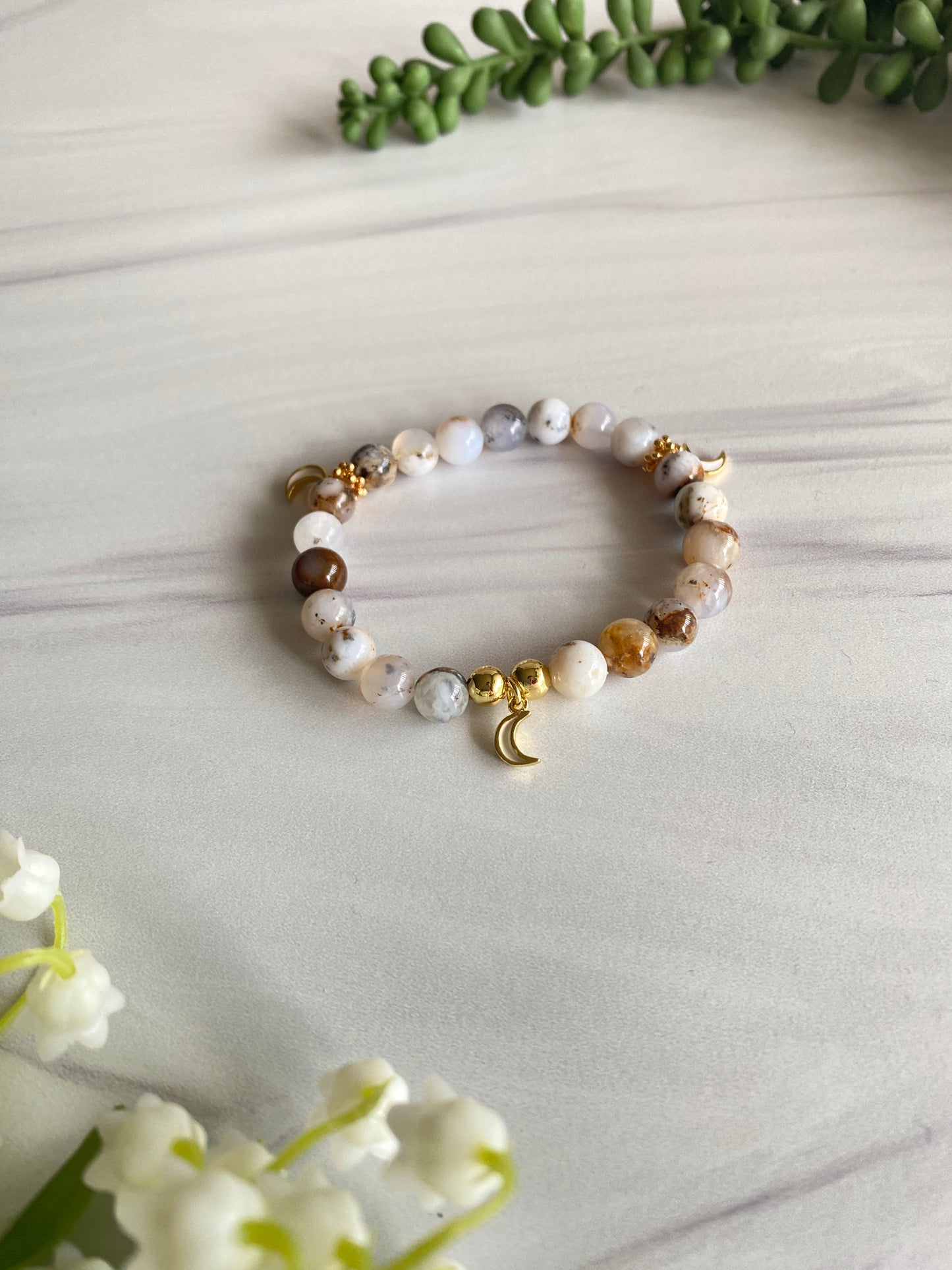 White Opal Moon Charm Bracelet | Illumination | Mala Beads