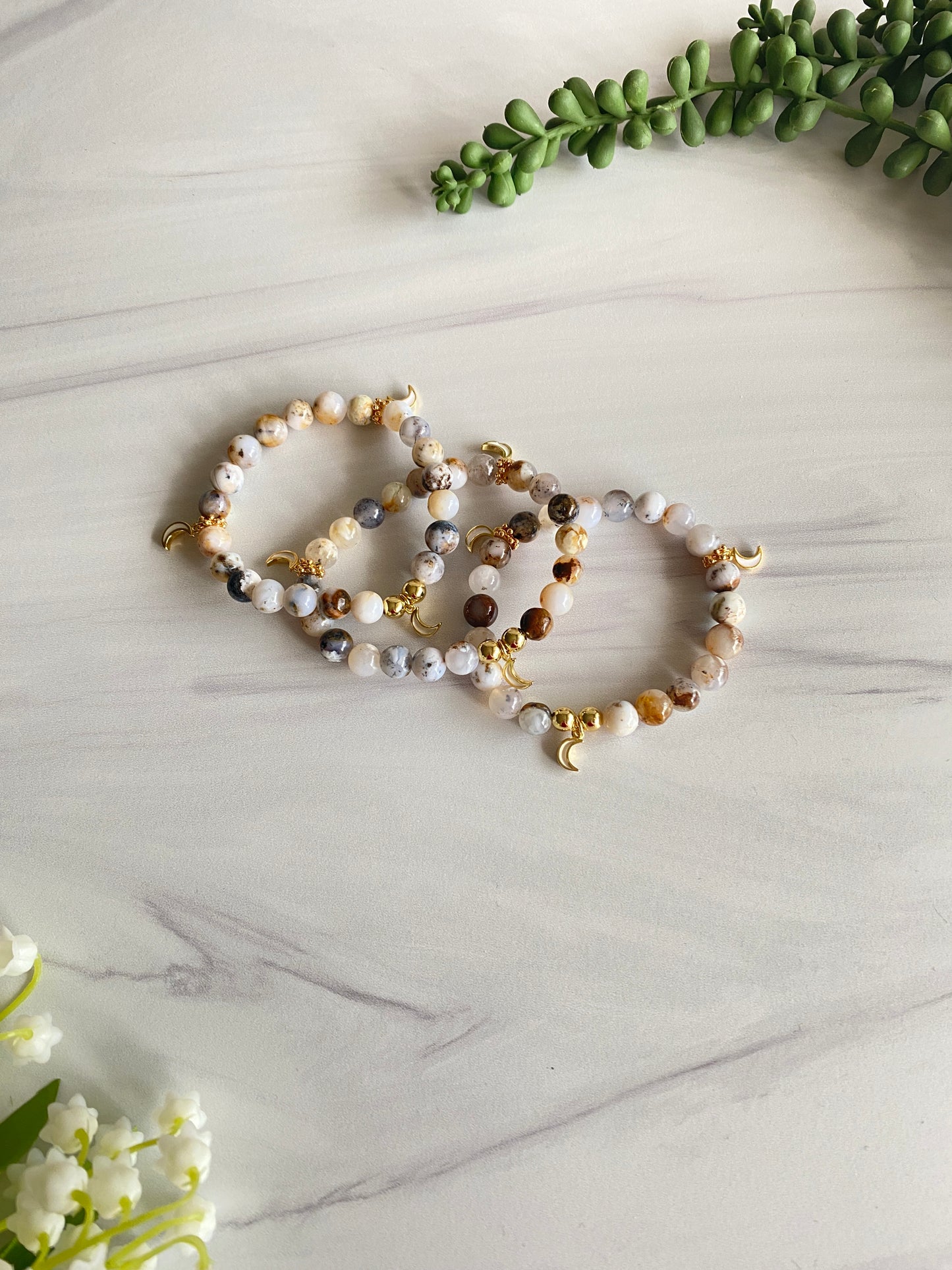 White Opal Moon Charm Bracelet | Illumination | Mala Beads