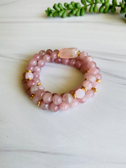 Sacred Rose Quartz Mala Wrap Bracelet | Love & Compassion | Gemstone + Gold Jewelry